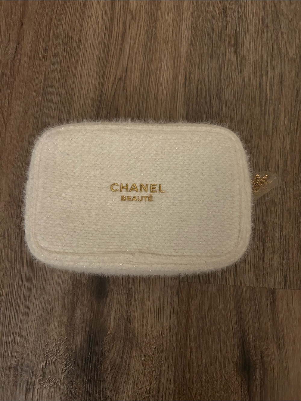 CHANEL White Tweed Cosmetic Pouch with Gold Logo